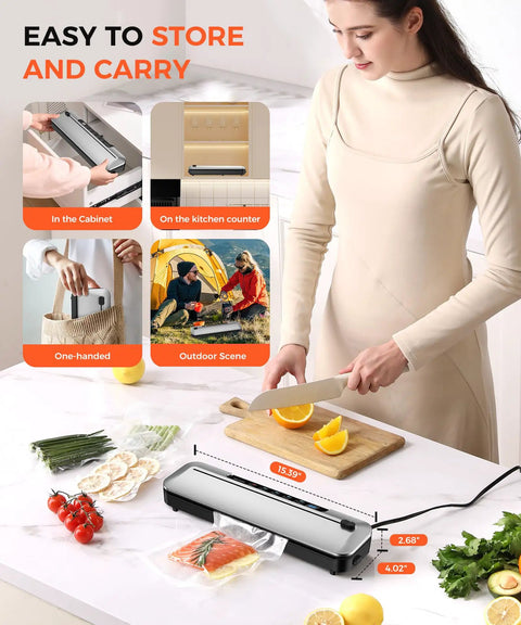 Vacuum Sealer Machine 75KPa With 6-In-1 Dry And Moist Modes Digital Timer Built-In Cutter And External Vac For Jars Compact Lightweight Design Includes 10 Bags Black Silver on counter