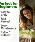 Woman tending to a tray of alfalfa sprouts in an indoor garden, Alfalfa Sprout Seeds 8 Oz Bulk Heirloom Non GMO USA Sourced