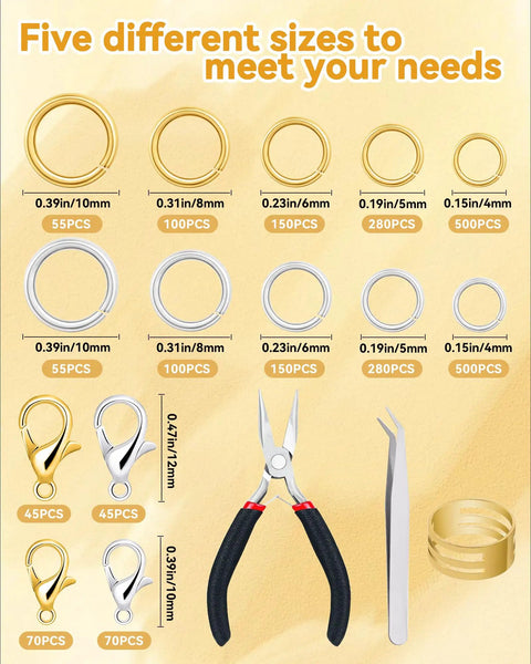 All In One Jewelry Making Kit For Real Pros With 2400 Jump Rings In Gold And Silver, Plus Lobster Clasps, Pliers, Tweezers, Opener, And Repair Tools