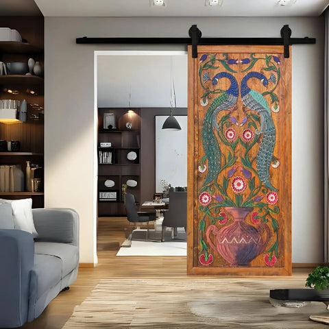 Living room view of Handcrafted Wooden Sliding Barn Door With Peacock And Floral Design For Rustic Farmhouse Cabin Decor Hand Painted Distressed Wood Door For Mountain And Lake Homes