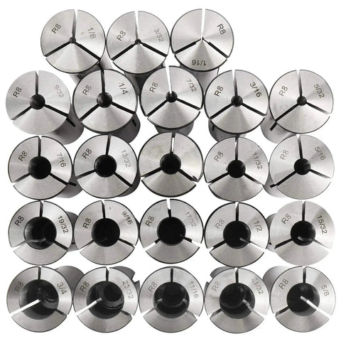 Precision R8 Collets Set Twenty Three Pieces One Sixteenth To Three Quarters Inch Lathe Mill Chuck Holder displayed in a grid.