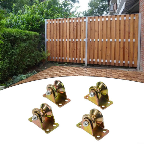 Built Like A Tank Four Pack V Groove Caster Wheels Engineered For Sliding Gate Inverted Tracks With Heavy Steel Brackets and Wide Mounting Plates.
