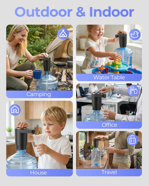 Easy Pour Workhorse Portable Electric Water Jug Pump in various uses: camping, water table, office, house, travel.