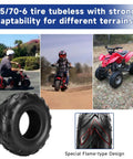 Tubeless 145/70-6 Mini Bike Tire With Repair Kit For Go Karts And ATVs shown with different vehicles and flame-type tread design.