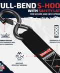 Close-up of black S-hook with safety latch on Beefed Up Heavy Duty Motorcycle Tie Down Straps Kit 1.5 Inch Wide By 8 Feet With Soft Loops 4400 Pound Break Strength Locking Ratchet Vinyl Coated S Hooks Powersports Safe Black 4 Pack