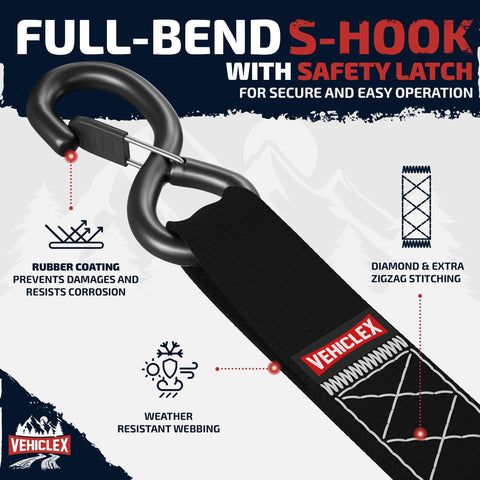 Close-up of black S-hook with safety latch on Beefed Up Heavy Duty Motorcycle Tie Down Straps Kit 1.5 Inch Wide By 8 Feet With Soft Loops 4400 Pound Break Strength Locking Ratchet Vinyl Coated S Hooks Powersports Safe Black 4 Pack