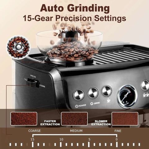 All-In-One Espresso Machine With 15 Bar Pressure, Built-In Bean Grinder, Milk Frother And Steam Wand with Auto Grinding Settings