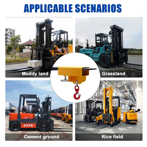 Heavy Duty Forklift Lifting Hook With 2 Inch Receiver Hitch And Lifting And Towing Attachment, 2.2 Ton Max Capacity shown in various scenarios