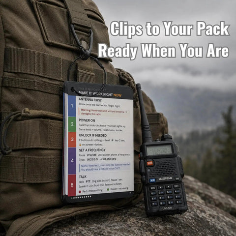 Emergency Comms Cards For UV-5R Radio Kit With GMRS FRS MURS Frequencies attached to backpack with Baofeng radio