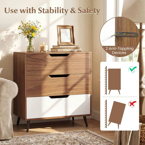 Knockout Rustic Farmhouse Three Drawer Dresser showcasing smooth gliding drawers and anti-tip safety hardware in a cozy setting.