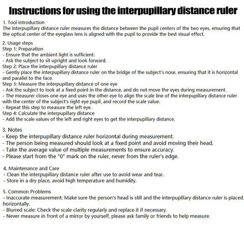 Instructions sheet for Vernier PD Ruler Pupil Distance Meter For Eye Exams Ophthalmic Tool With Plastic PVC Body Your Go To PD Tool For Optometrists Students And Home Use Quick Read Scale, text guide