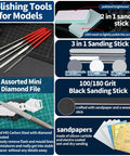 Various tools from 78 Piece Gundam Model Tools Kit For Building And Repairing Plastic Models, including sanding sticks and diamond files.