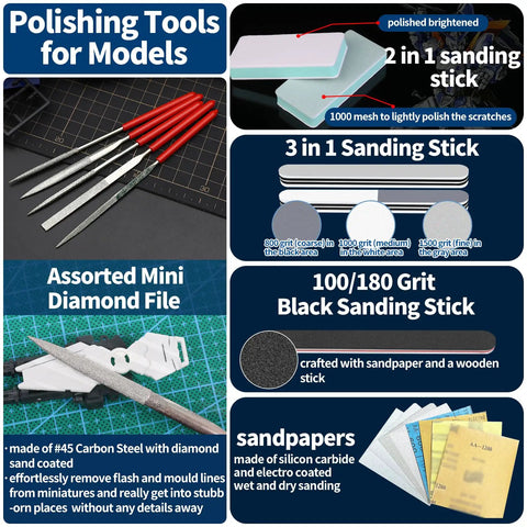 Various tools from 78 Piece Gundam Model Tools Kit For Building And Repairing Plastic Models, including sanding sticks and diamond files.