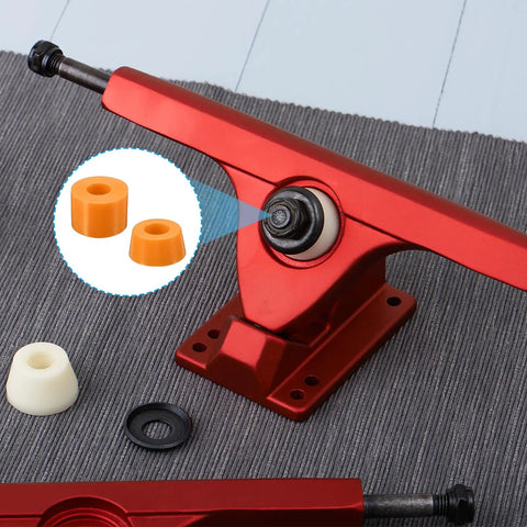 Skateboard Truck Bushings 2 Pack 90A PU Longboard Rebuild Kit with Cylinder and Tapered Bushings in Orange, close-up view