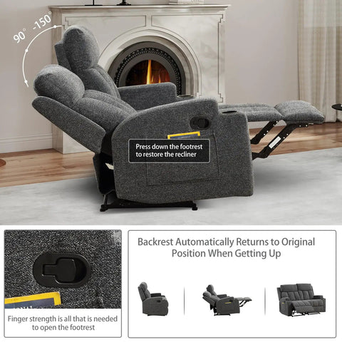 Side view of Two Seat Manual Recliner Sofa Set With Cozy Fabric Comfort, Built In Side Pockets And Cup Holders, Dark Grey, reclined.