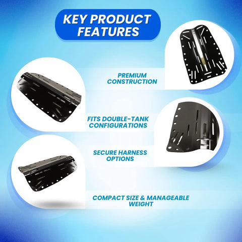 Durable Aluminum Black Backplate for Diving Rig, 15 by 10 Inch Plate, 2mm Thick, shown with key features like secure harness options.