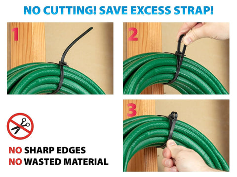Heavy Duty Reusable Cable Ties With No Sweat Quick Release Lever Rock Solid Wire Control 275 Pound Pull Strength smooth grip shown securing hoses.