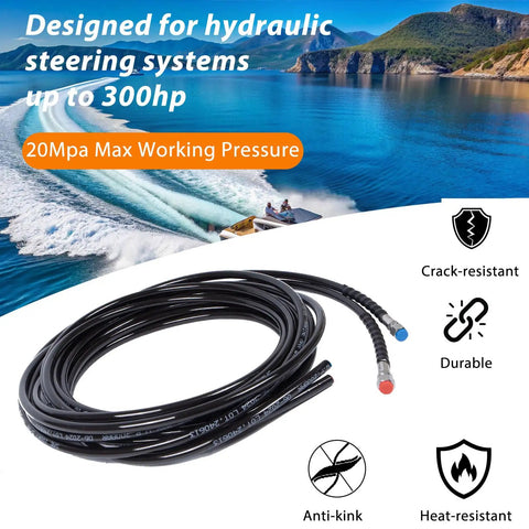 Universal 2 Piece 20 Foot Hydraulic Steering Hose Kit With Stainless Steel Quick Connector For Boats coiled on display
