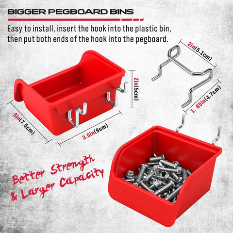 Red pegboard bins with hooks and screws from All In One Pegboard Hooks Set For Garage And Workshop Organization, 121 Piece Chrome Plated Metal Hooks With Bins And Tool Hangers.