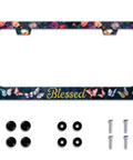 Custom License Plate Frame With Blessed Butterfly And Floral Design Durable Stainless Steel Car Accessory 2 Hole Mount Fits US Standard Plates 12.2 X 6.3 Inches Funny Stylish Plate Holder For Men And Women, showing floral and butterfly design with mounting screws and caps included.