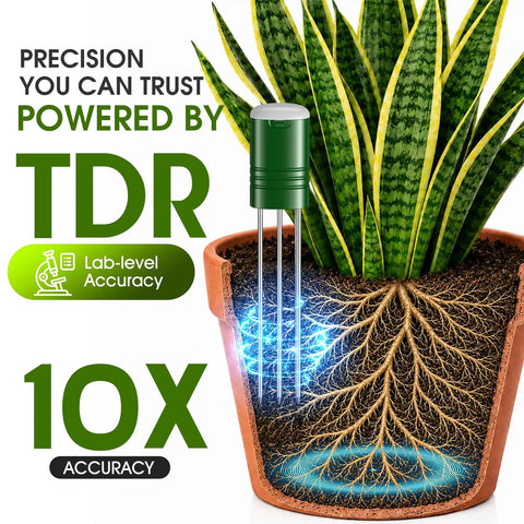 4 In 1 Wireless Soil Tester For Indoor And Outdoor Plants With Real Time Moisture, Temperature, Sunlight Readout And Large Screen, Easy Garden Water Meter For Lawn, Farm, And Houseplants in potted snake plant roots