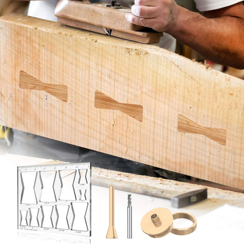 All In One 7 By 7 Inch Router Templates Set With Ten In One Bowtie Inlay And Butterfly Templates For Woodworking shown in use for precise cutouts on wood.