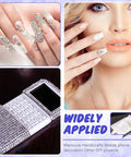 Glittery nail designs, close-up of woman's face, rhinestone-encrusted gadget, and dual LED drill pen with diamond painting tray.