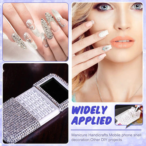 Glittery nail designs, close-up of woman's face, rhinestone-encrusted gadget, and dual LED drill pen with diamond painting tray.