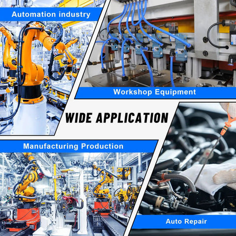 Various applications of 55 Piece Air Line Tubing Kit With 1/4 And 3/8 Inch DOT Air Lines in automation and auto repair.