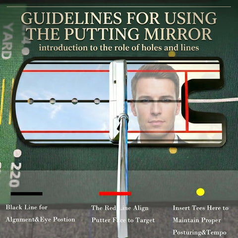 Indoor Golf Putting Mat With Auto Ball Return And Alignment Mirror showing guidelines for stroke improvement.