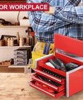 Portable Three Drawer Steel Tool Box Set In Red With Magnetic Tab Locking on a workbench in workshop, open drawers with tools.