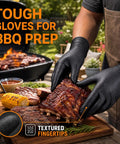 Heavy Duty 7 Mil Black Nitrile Disposable Gloves For Mechanics Built Different Rock Solid Puncture Resistance And Dang Good Grip Packaged In A Slick Dispenser Box used for BBQ prep with textured fingertips.