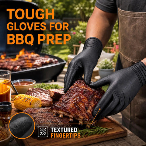 Heavy Duty 7 Mil Black Nitrile Disposable Gloves For Mechanics Built Different Rock Solid Puncture Resistance And Dang Good Grip Packaged In A Slick Dispenser Box used for BBQ prep with textured fingertips.