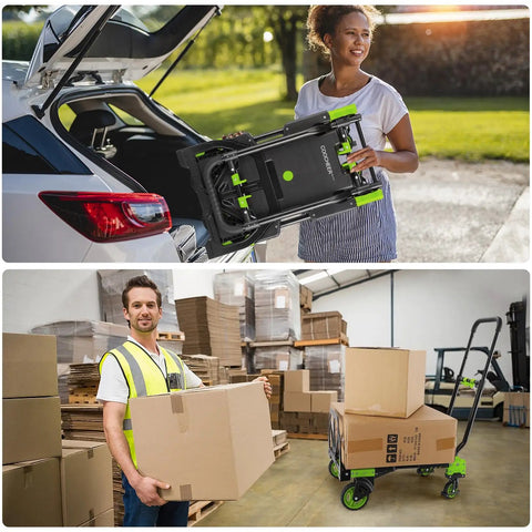 Straight Up Heavy Duty Folding Hand Truck Dolly Flips Between Four And Two Wheels And Handles Three Hundred Thirty Pounds Like A Boss For Quick Errands And Heavy Loads In Durable Green Finish