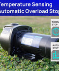 Shallow Well Jet And Centrifugal Pump Three Quarter Horsepower For Home Water Supply Dope Performance placed on grass, temperature sensing auto stop displayed.