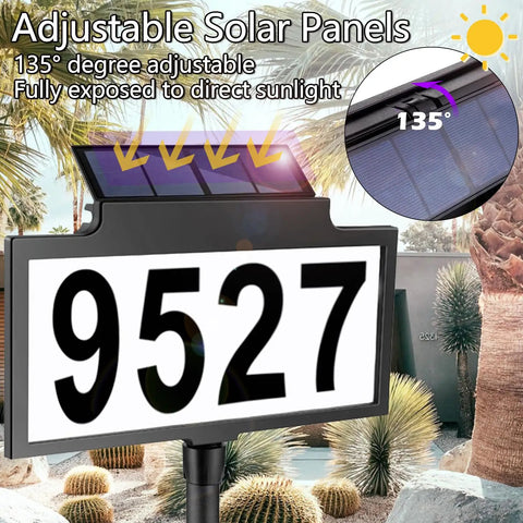 Solar Address Sign With LED Illuminated House Number For Outdoor Use Waterproof Address Plaque For Your Home Yard And Street 135 Degree Adjustable Solar Panel Auto Mode Light On At Night positioned in a sunny desert garden.