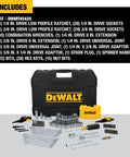 Hella Tough 142 Piece Mechanics Tool Set With Low Profile Ratchet Designed For Tight Engine Bays Featuring 1 4 And 3 8 Inch Drive Standard And Metric Sockets displayed with tools and case.