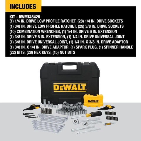 Hella Tough 142 Piece Mechanics Tool Set With Low Profile Ratchet Designed For Tight Engine Bays Featuring 1 4 And 3 8 Inch Drive Standard And Metric Sockets displayed with tools and case.