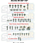 Full Plastics Body Fastener Bolt Kit Fits 50 65 85 105 125 200 250 300 450 505 SX 07 10 And XC XC-W 08 10 Complete OEM Style Replacement Fastener Set For Plastic Panels displayed with bolts and fasteners.