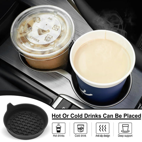 SINGARO silicone car cup holder insert; black, non-slip, universal fit; 4-pack shown in car with beverages.