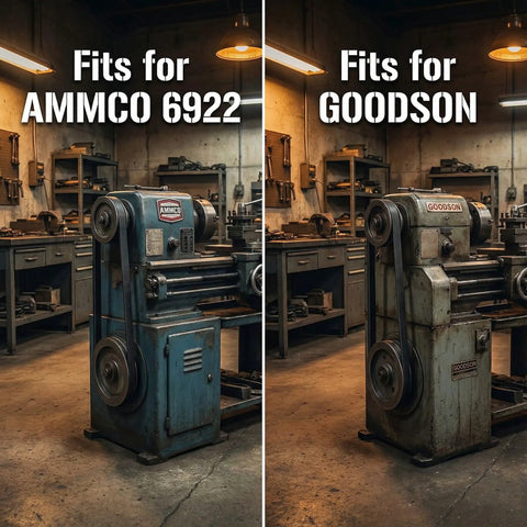 Fits for AMMCO 6922 and GOODSON brake lathe machines in workshop setting, showcasing compatibility with rubber brake lathe muffler belt.