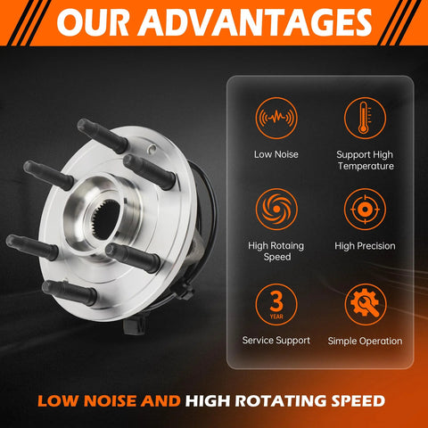 4WD Front Wheel Hub Bearing Assembly With ABS For Chevrolet Silverado Tahoe Suburban Avalanche Express 1500 6 Lug Fits GMC Yukon Sierra Savana Front Left Or Right Truck Grade 515036 shown with features including low noise and high rotating speed.