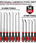 14 Piece Pick And Hook Tool Set with long and mini picks, non-slip handles, for car repair and mechanical maintenance.
