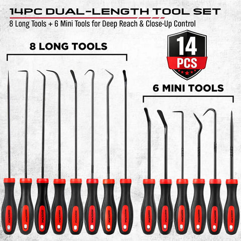 14 Piece Pick And Hook Tool Set with long and mini picks, non-slip handles, for car repair and mechanical maintenance.