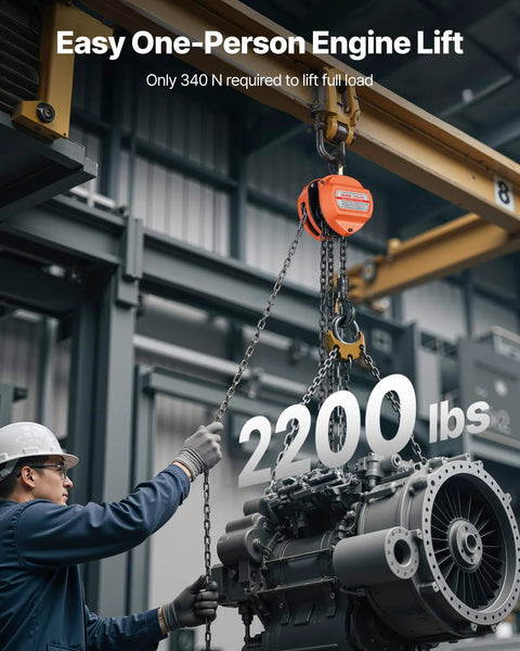 1 Ton Hand Chain Hoist with 10 Ft Lift Galvanized G80 Chain lifting an engine, showcasing easy engine lift capability in a warehouse.