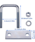 Leaf Spring Clamp Kit Pack Of 4 Fits Leaf Springs Up To 2.5 Inches Wide showing U-bolt, nut, washer, and metal plate dimensions