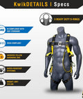 Premium Full Body Safety Harness with Comfy Cushioned Shoulder Pads, Three Heavy Duty D Rings and Buckles on mannequin.
