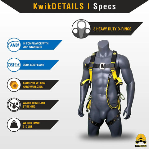 Premium Full Body Safety Harness with Comfy Cushioned Shoulder Pads, Three Heavy Duty D Rings and Buckles on mannequin.