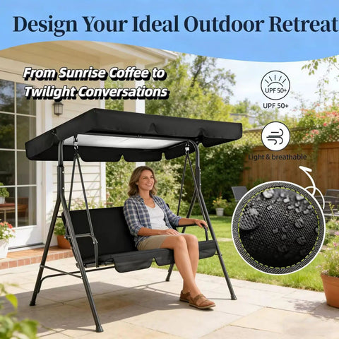 Replacement Canopy Top For Patio Swing 85x45 Outdoor 2 Or 3 Seater Porch Swing Cover shown on a patio with a seated person
