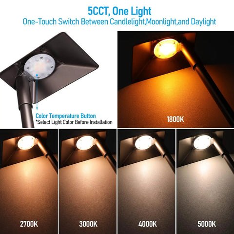 5CCT Low Voltage Pathway Lights With Anti-Glare Side-Emitting Design showcasing color temperature settings from 1800K to 5000K